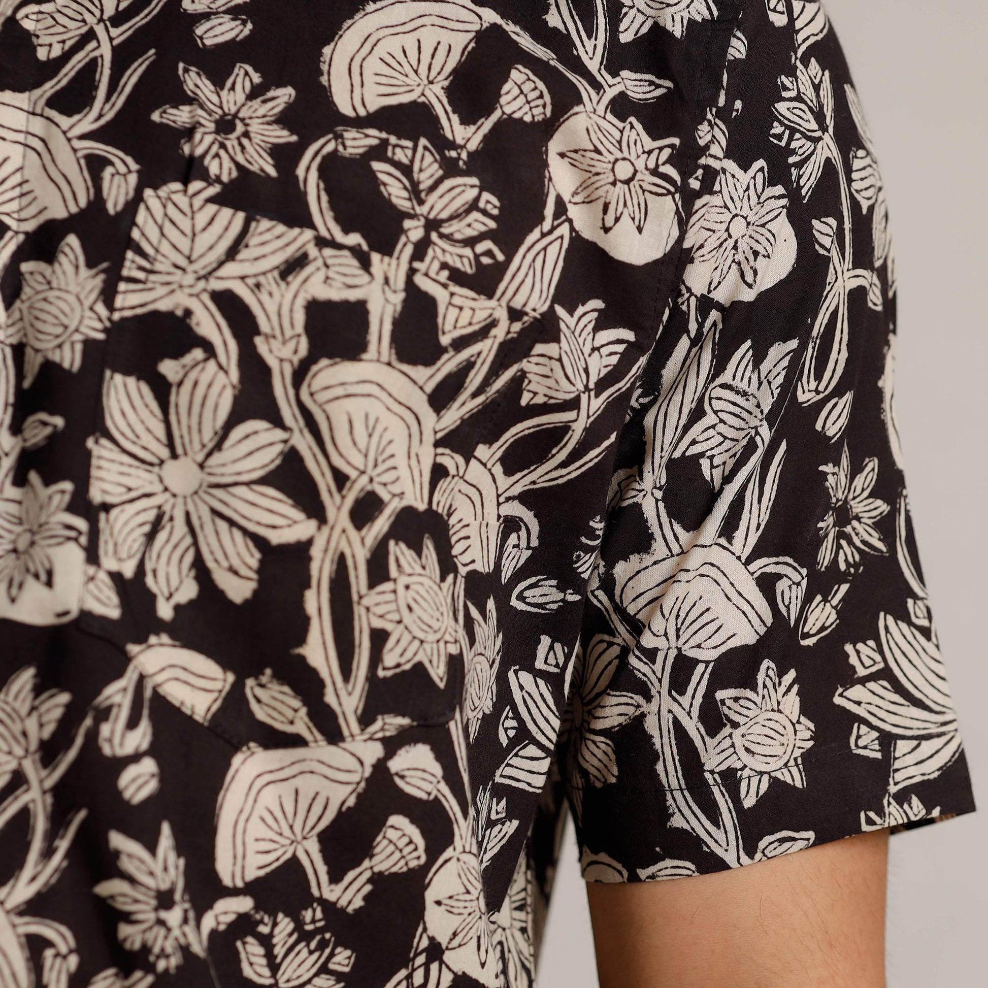 Black - Bagru Block Printed Cotton Men Half Sleeve Shirt 01