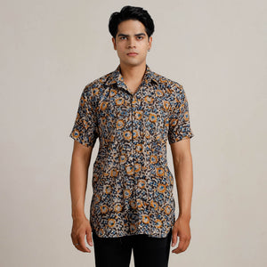 Black - Kalamkari Block Printed Cotton Men Half Sleeve Shirt 05