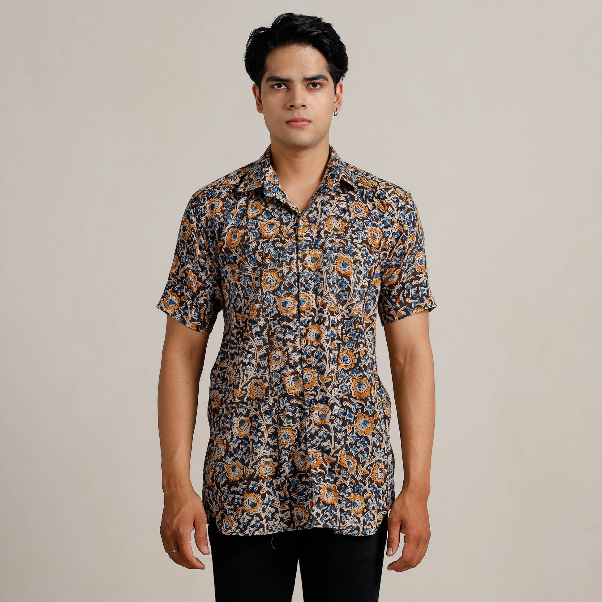 Black - Kalamkari Block Printed Cotton Men Half Sleeve Shirt 05