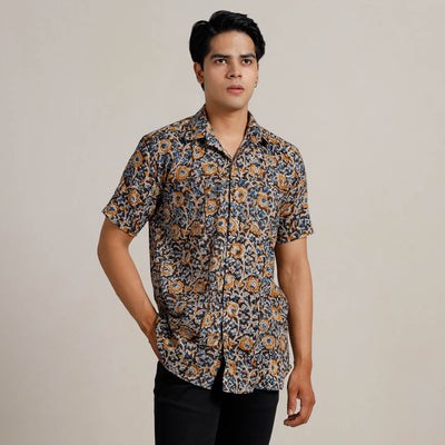Black - Kalamkari Block Printed Cotton Men Half Sleeve Shirt 05