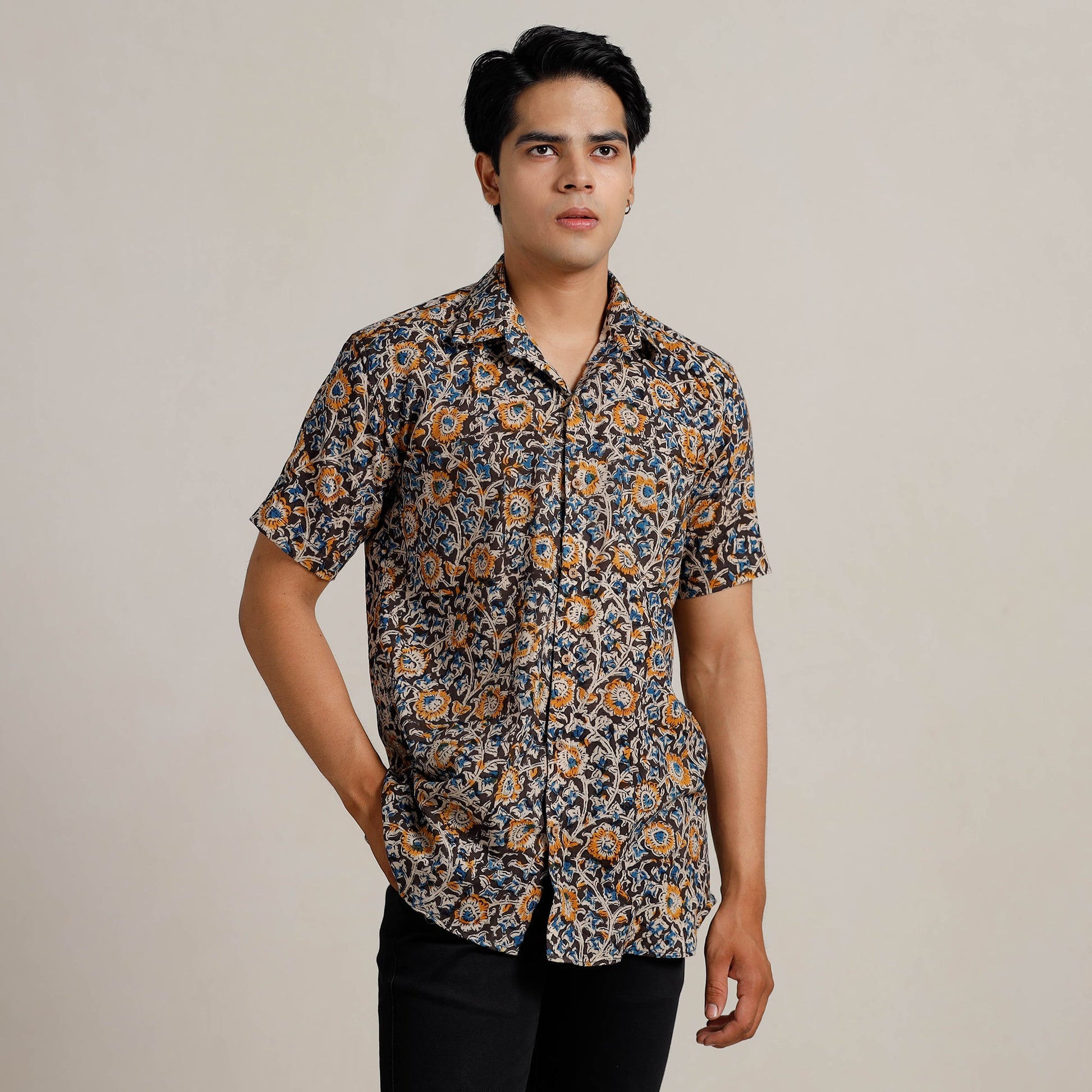 Black - Kalamkari Block Printed Cotton Men Half Sleeve Shirt 05
