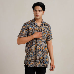 Black - Kalamkari Block Printed Cotton Men Half Sleeve Shirt 05