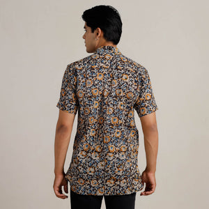 Black - Kalamkari Block Printed Cotton Men Half Sleeve Shirt 05