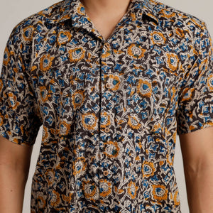 Black - Kalamkari Block Printed Cotton Men Half Sleeve Shirt 05