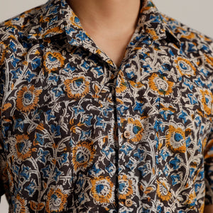 Black - Kalamkari Block Printed Cotton Men Half Sleeve Shirt 05