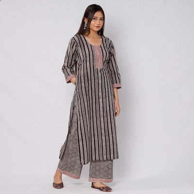 Black - Bagh Block Printed Cotton Kurta with Palazzo & Dupatta Set 15