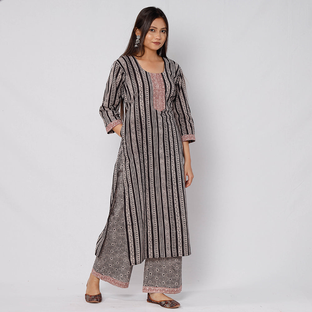 Black - Bagh Block Printed Cotton Kurta with Palazzo & Dupatta Set 15