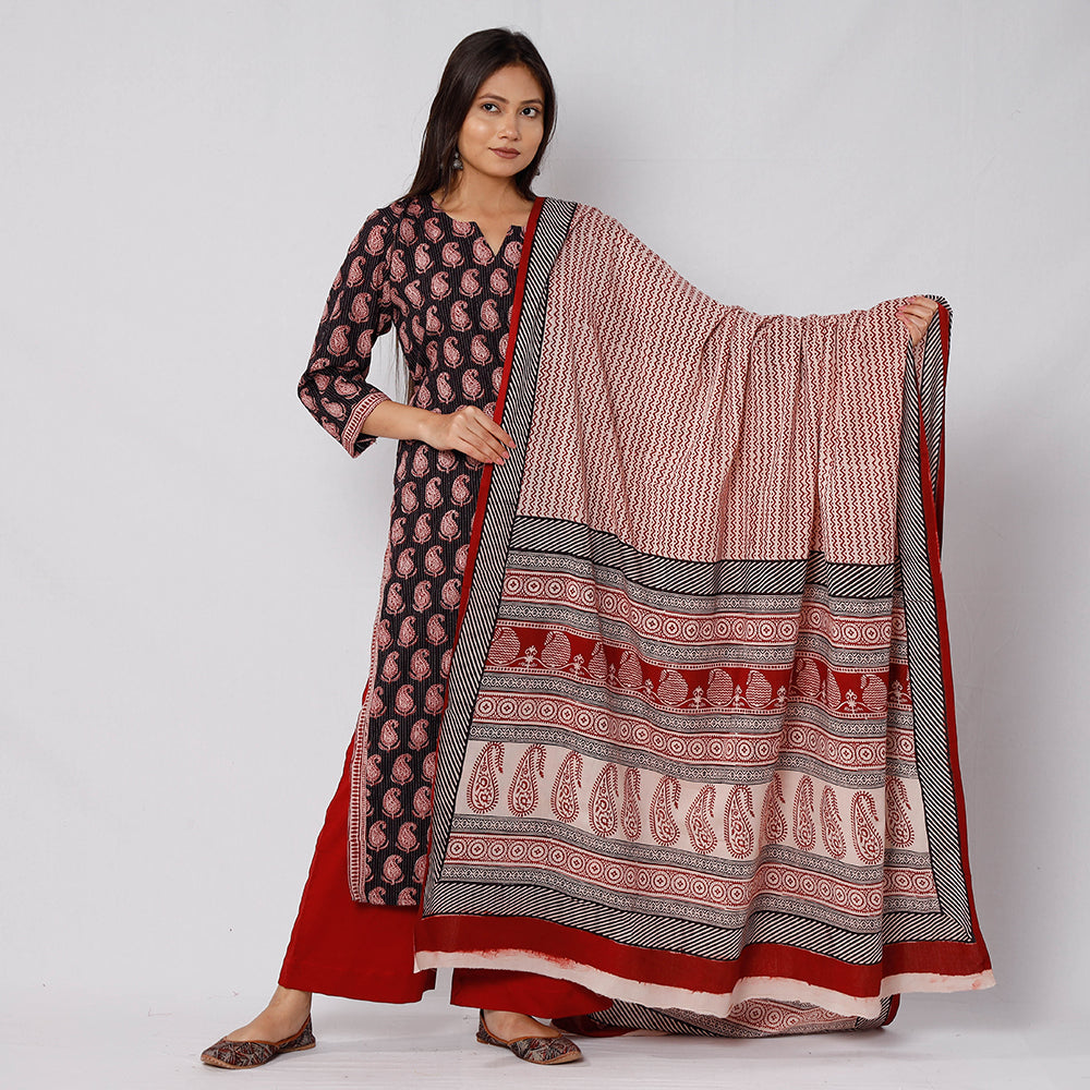 Black - Bagh Block Printed Cotton Kurta with Palazzo & Dupatta Set