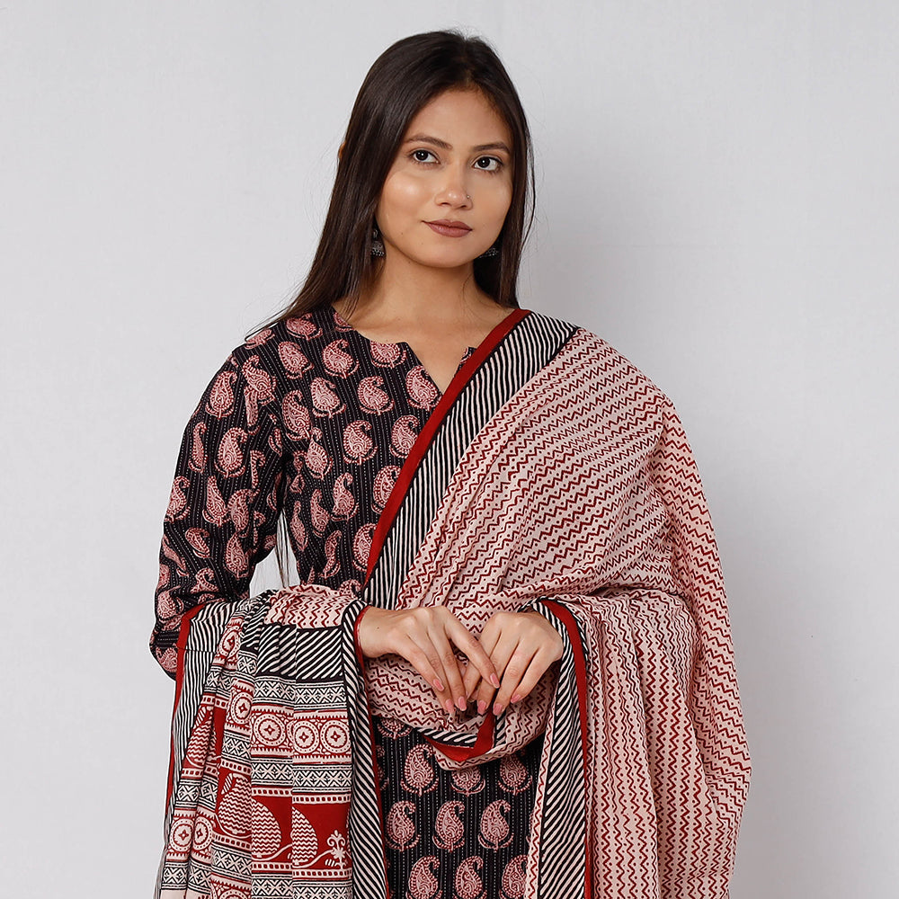 Black - Bagh Block Printed Cotton Kurta with Palazzo & Dupatta Set