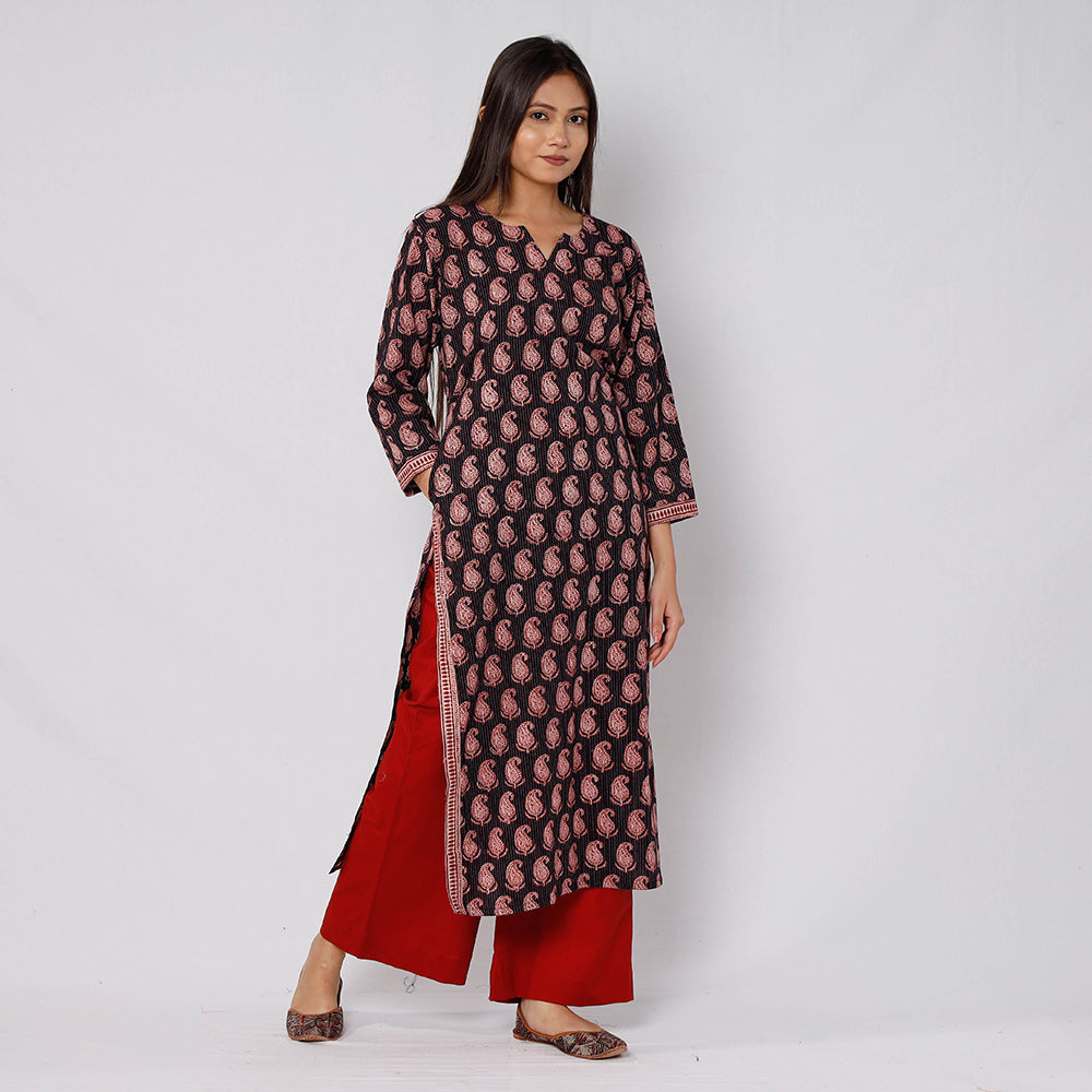 Black - Bagh Block Printed Cotton Kurta with Palazzo & Dupatta Set
