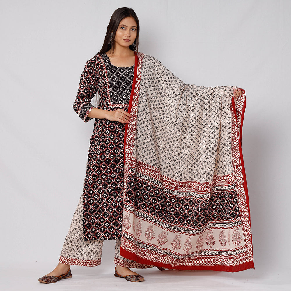Black - Bagh Block Printed Cotton Kurta with Palazzo & Dupatta Set 06