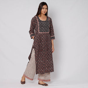 Black - Bagh Block Printed Cotton Kurta with Palazzo & Dupatta Set 06