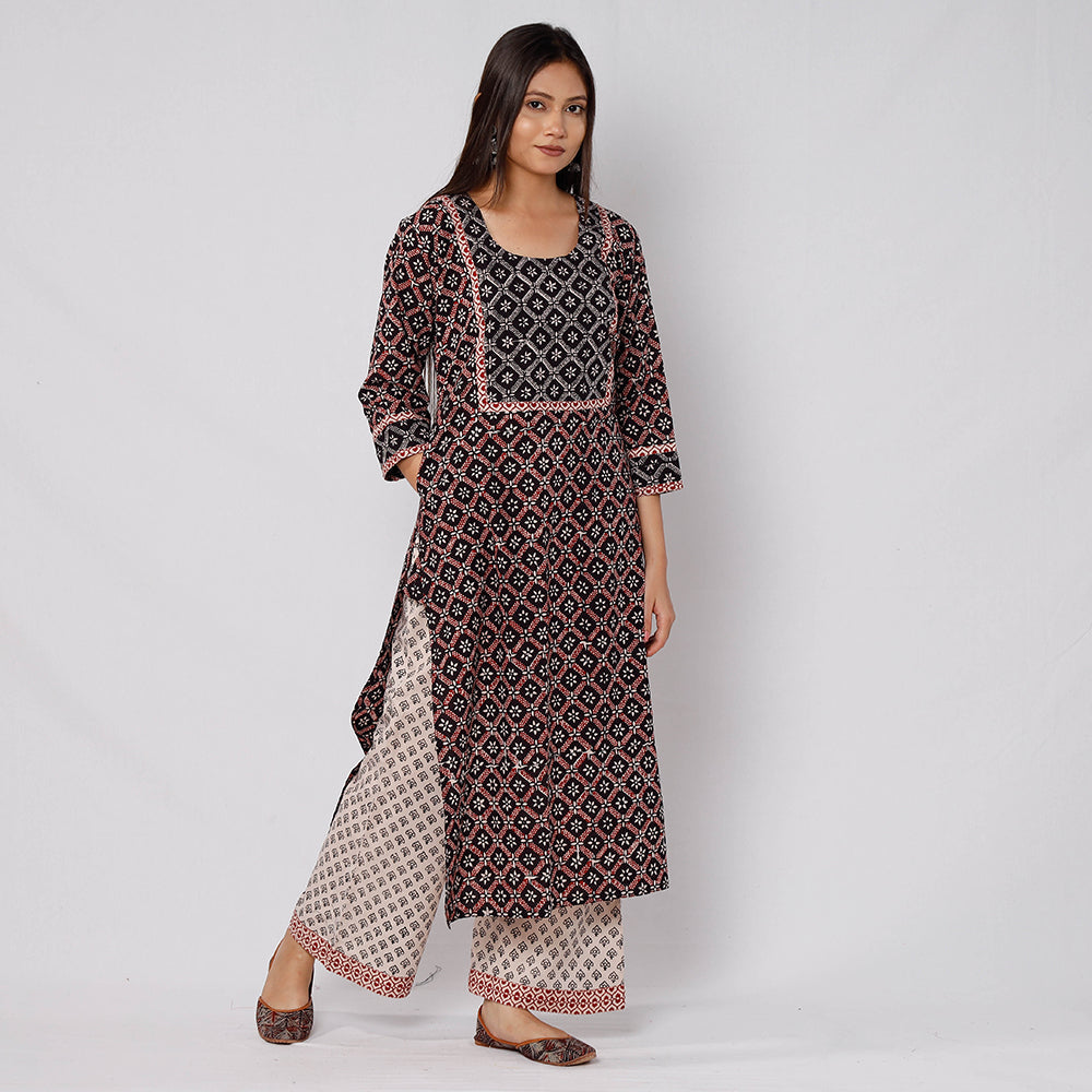 Black - Bagh Block Printed Cotton Kurta with Palazzo & Dupatta Set 06