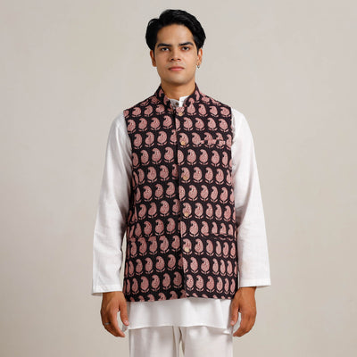 Black -  Bagh Print Nehru Jacket for Men 10
