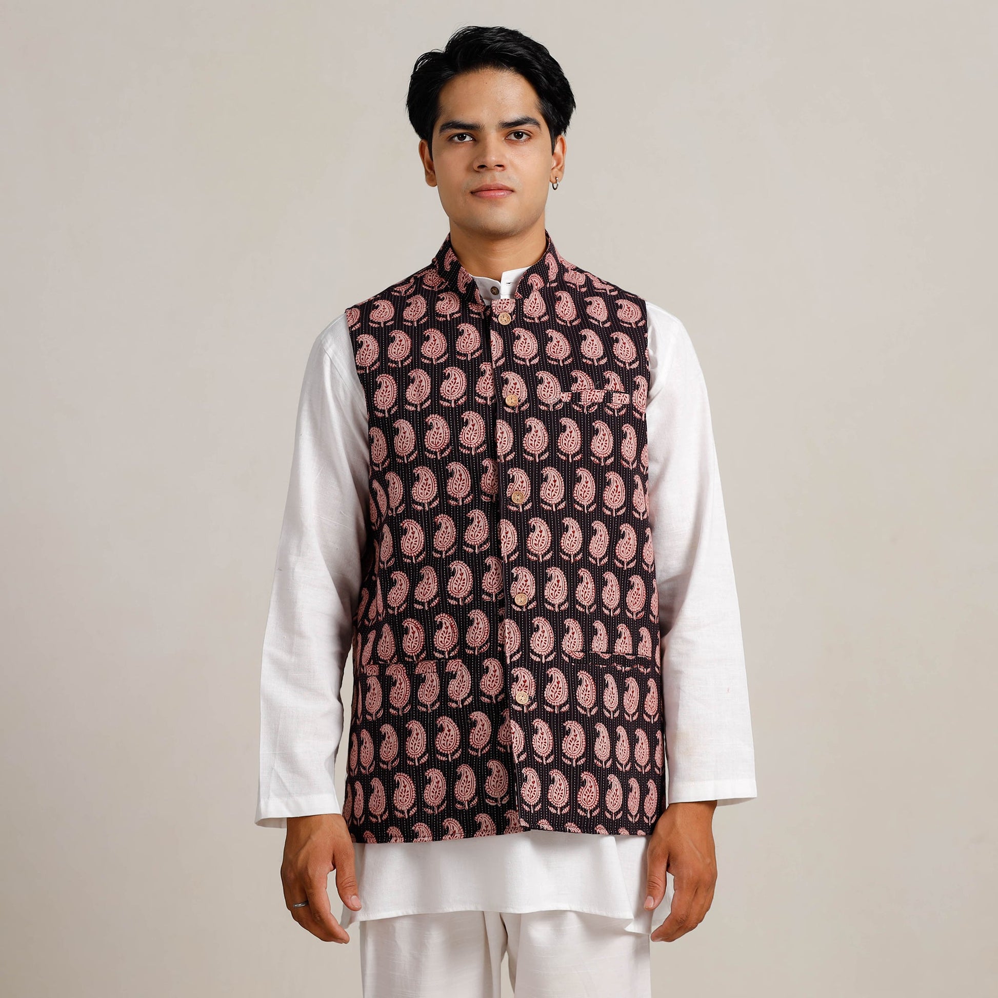 Black -  Bagh Print Nehru Jacket for Men 10