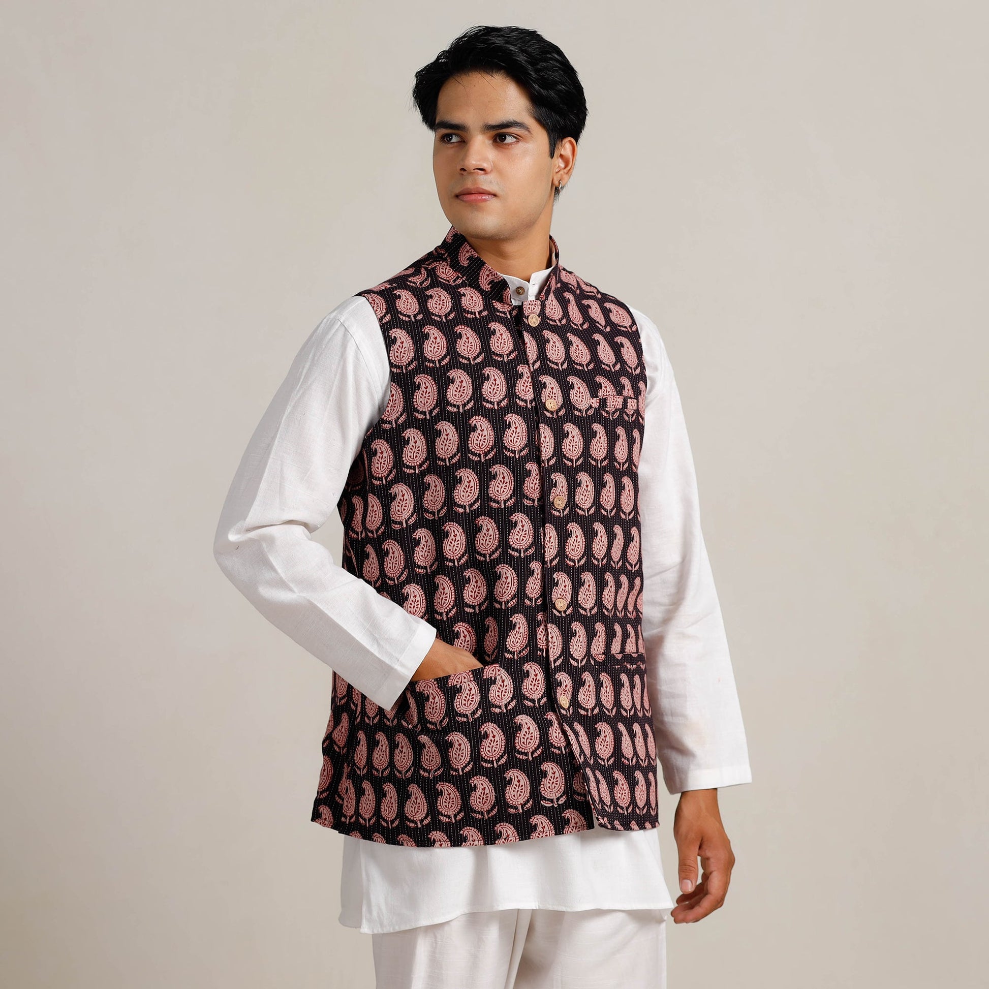 Black -  Bagh Print Nehru Jacket for Men 10
