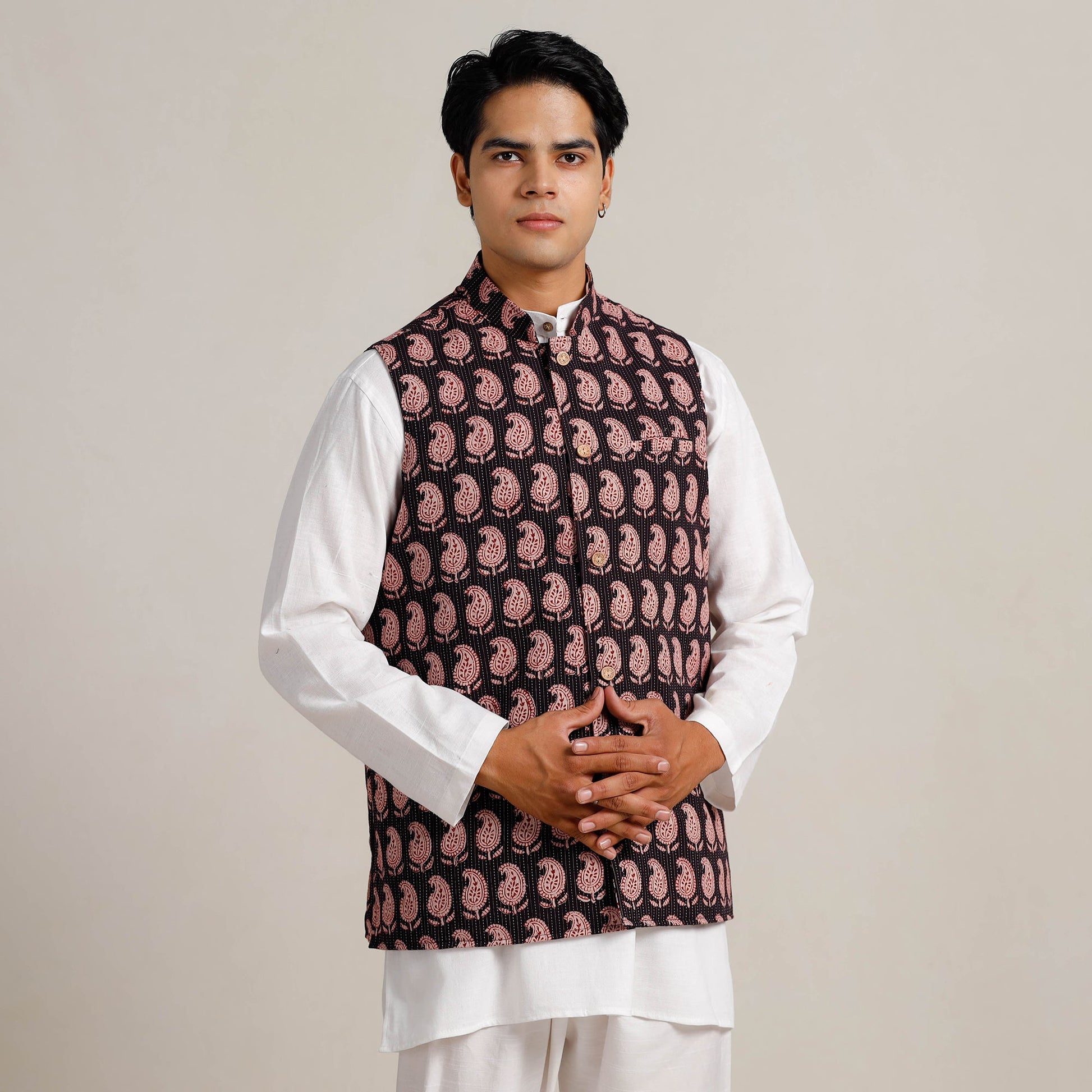 Black -  Bagh Print Nehru Jacket for Men 10