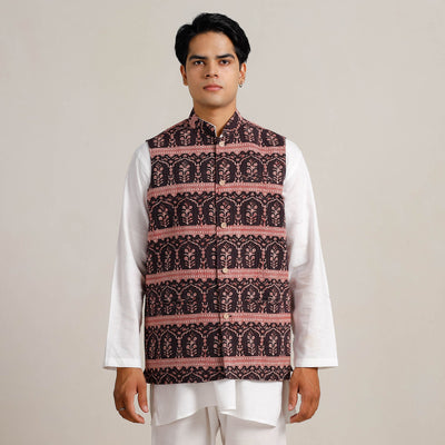 Black -  Bagh Print Nehru Jacket for Men 02