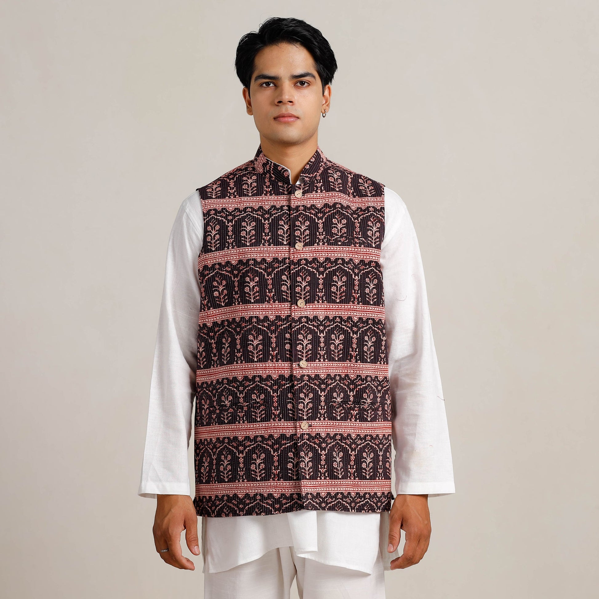 Black -  Bagh Print Nehru Jacket for Men 02
