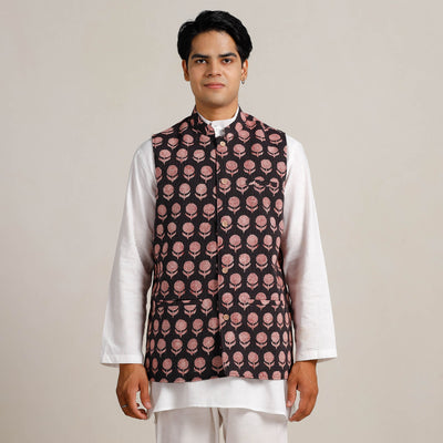 Black -  Bagh Print Nehru Jacket for Men 09
