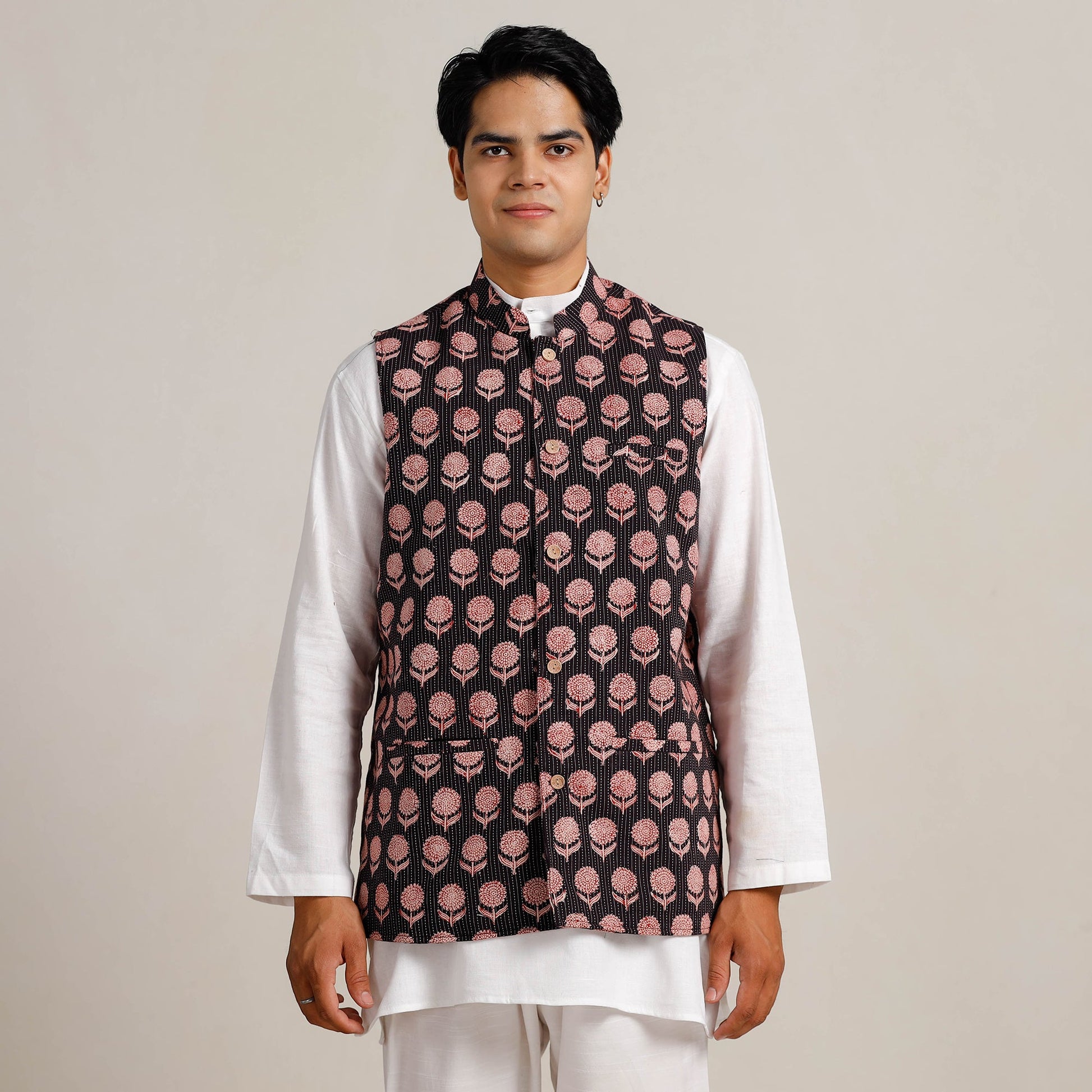 Black -  Bagh Print Nehru Jacket for Men 09