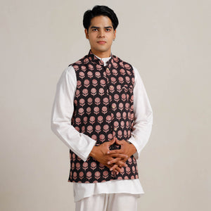 Black -  Bagh Print Nehru Jacket for Men 09