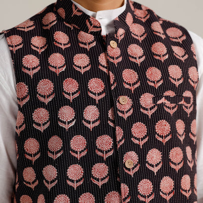 Black -  Bagh Print Nehru Jacket for Men 09