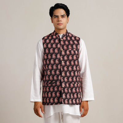 Black -  Bagh Print Nehru Jacket for Men 05