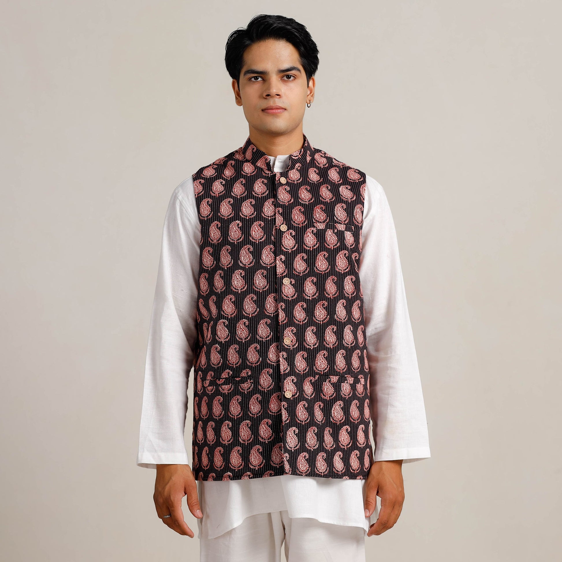 Black -  Bagh Print Nehru Jacket for Men 05