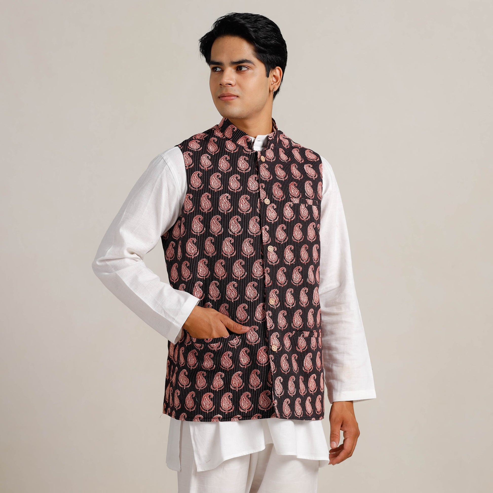 Black -  Bagh Print Nehru Jacket for Men 05