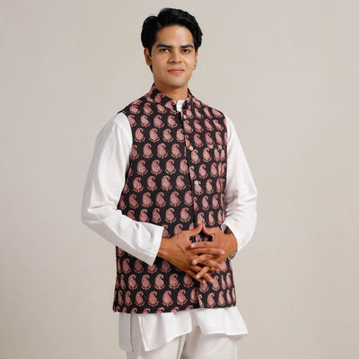 Black -  Bagh Print Nehru Jacket for Men 05