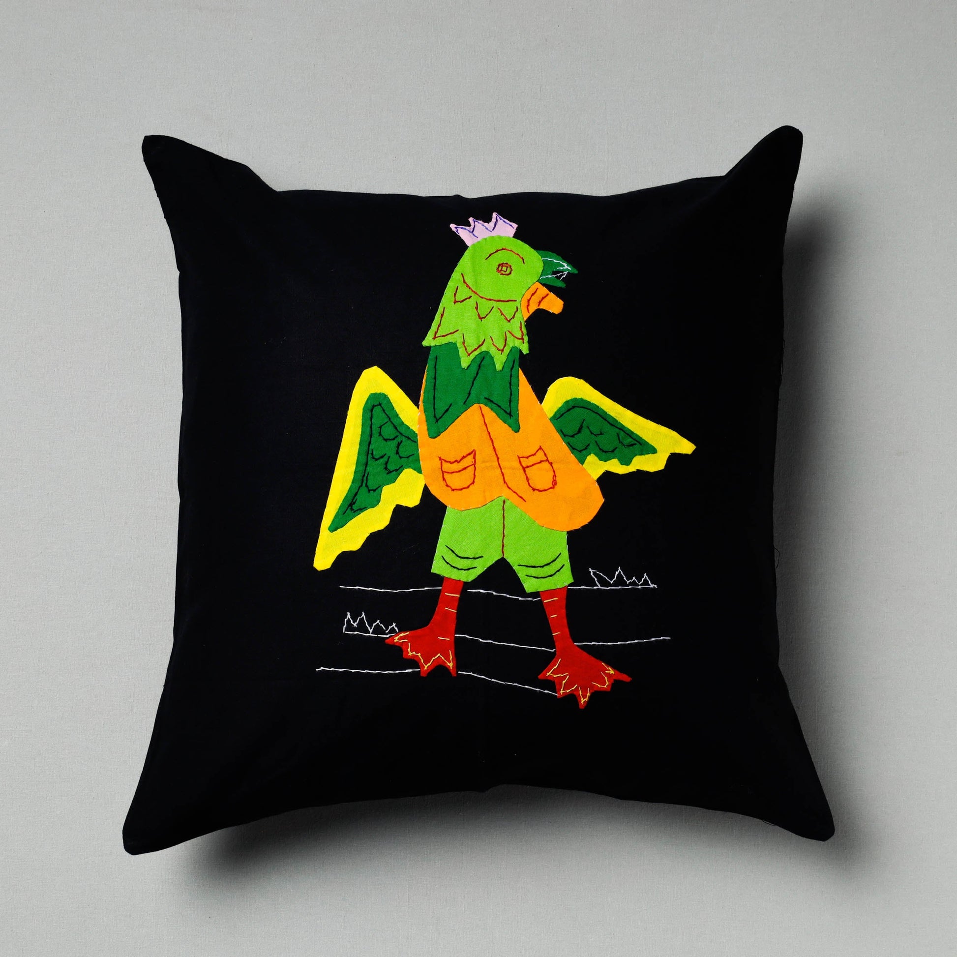 Black - Pipli Applique Work Cotton Cushion Cover (16 x 16 in)