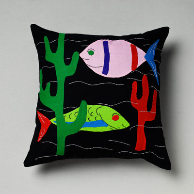 Black - Pipli Applique Work Cotton Cushion Cover (16 x 16 in)