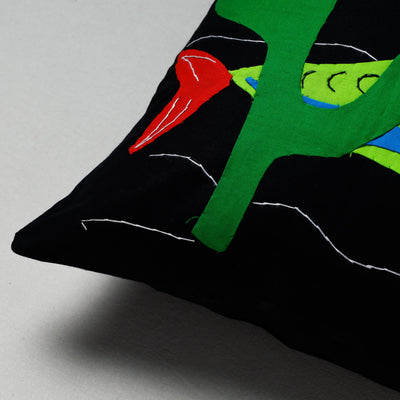 Black - Pipli Applique Work Cotton Cushion Cover (16 x 16 in)