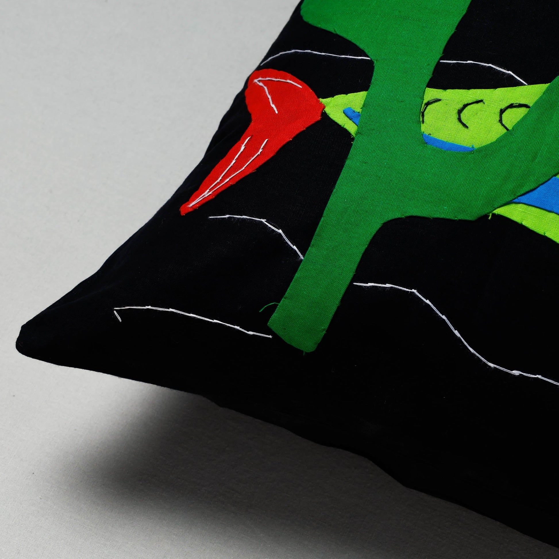 Black - Pipli Applique Work Cotton Cushion Cover (16 x 16 in)
