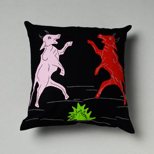 Black - Pipli Applique Work Cotton Cushion Cover (16 x 16 in)