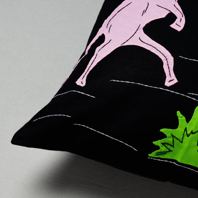 Black - Pipli Applique Work Cotton Cushion Cover (16 x 16 in)