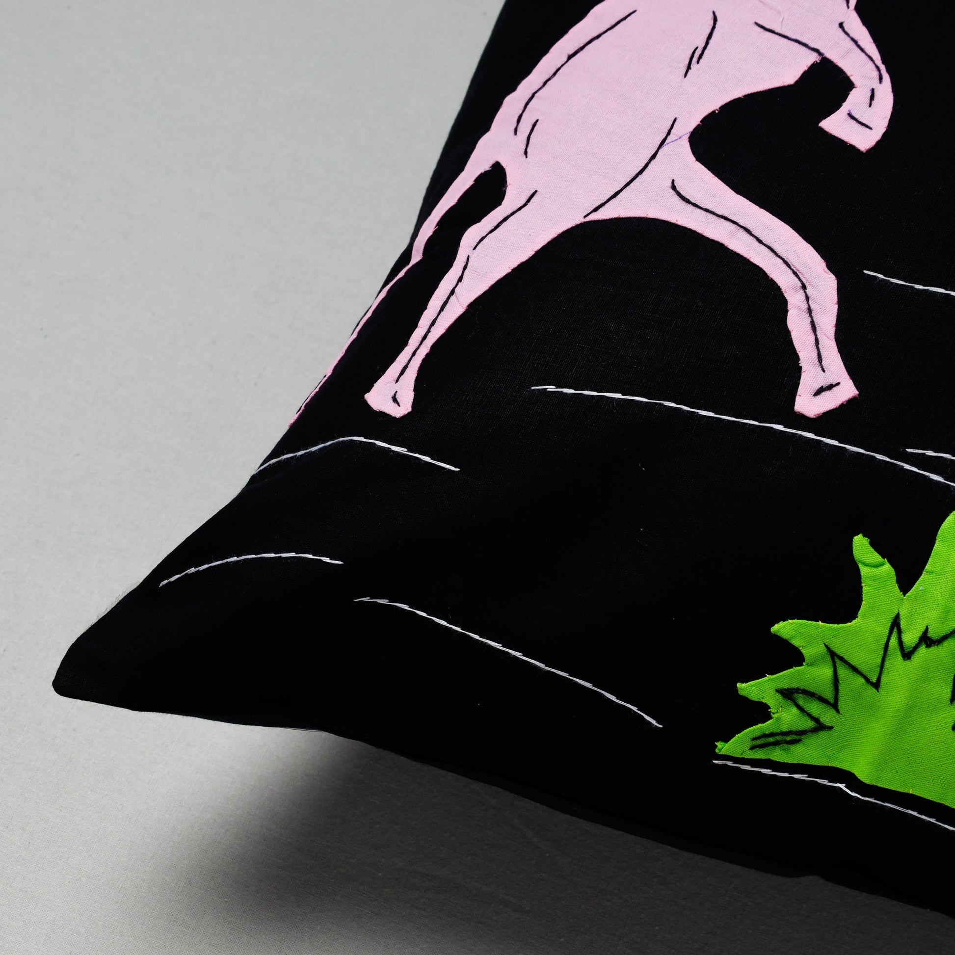 Black - Pipli Applique Work Cotton Cushion Cover (16 x 16 in)