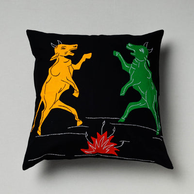 Black - Pipli Applique Work Cotton Cushion Cover (16 x 16 in)