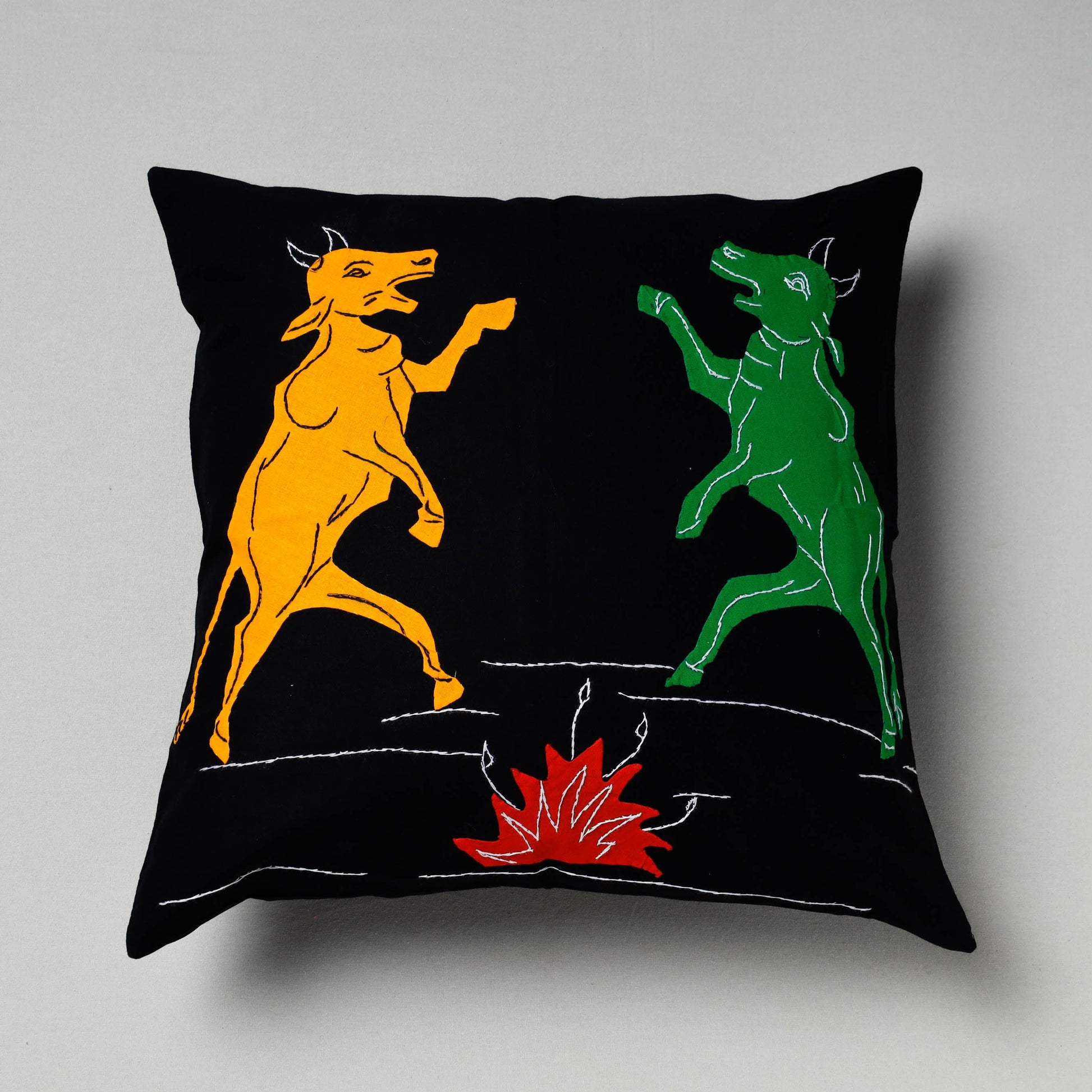 Black - Pipli Applique Work Cotton Cushion Cover (16 x 16 in)