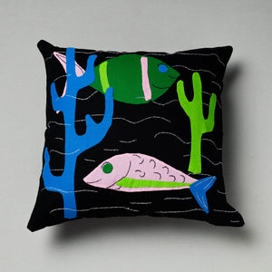 Black - Pipli Applique Work Cotton Cushion Cover (16 x 16 in)