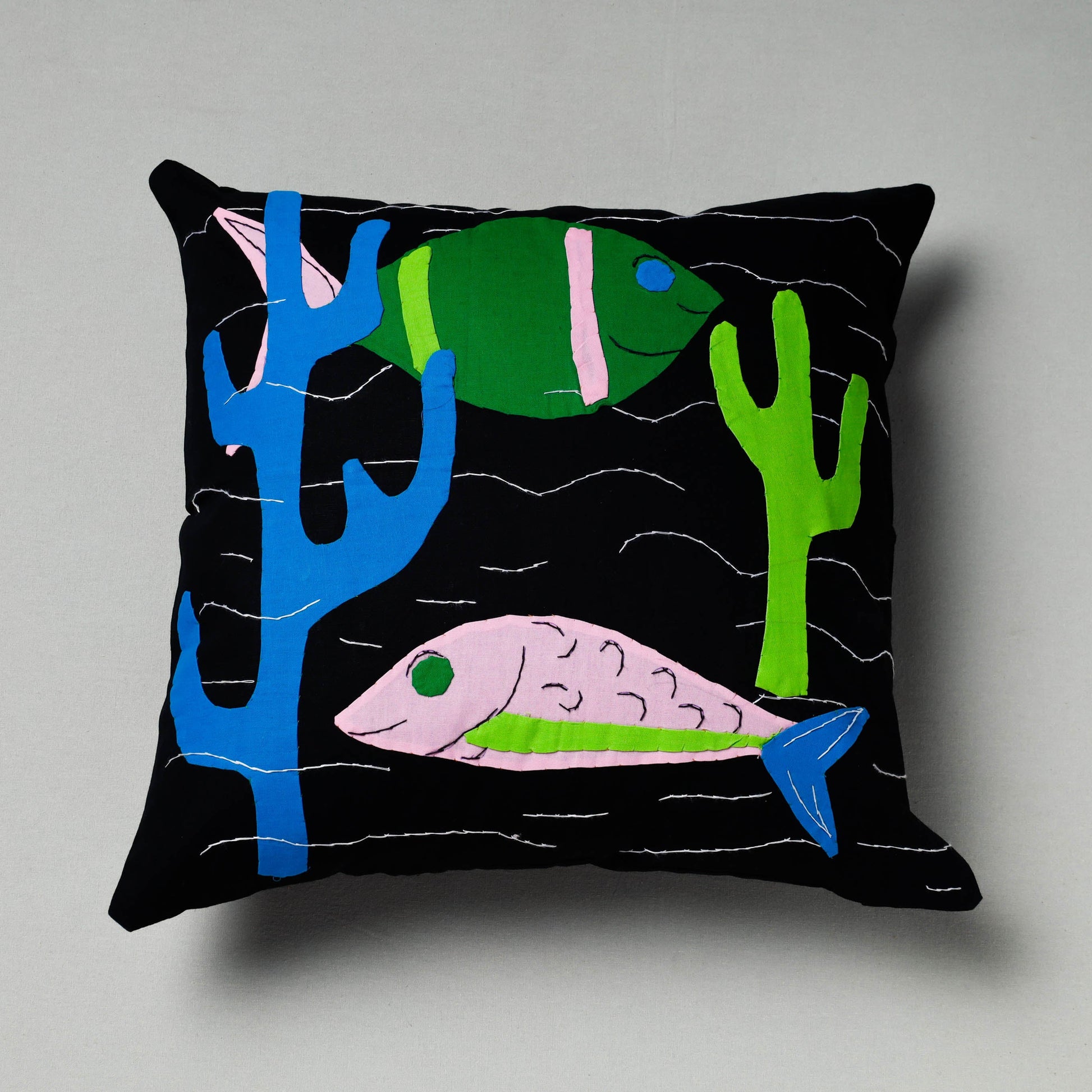 Black - Pipli Applique Work Cotton Cushion Cover (16 x 16 in)