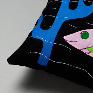 Black - Pipli Applique Work Cotton Cushion Cover (16 x 16 in)