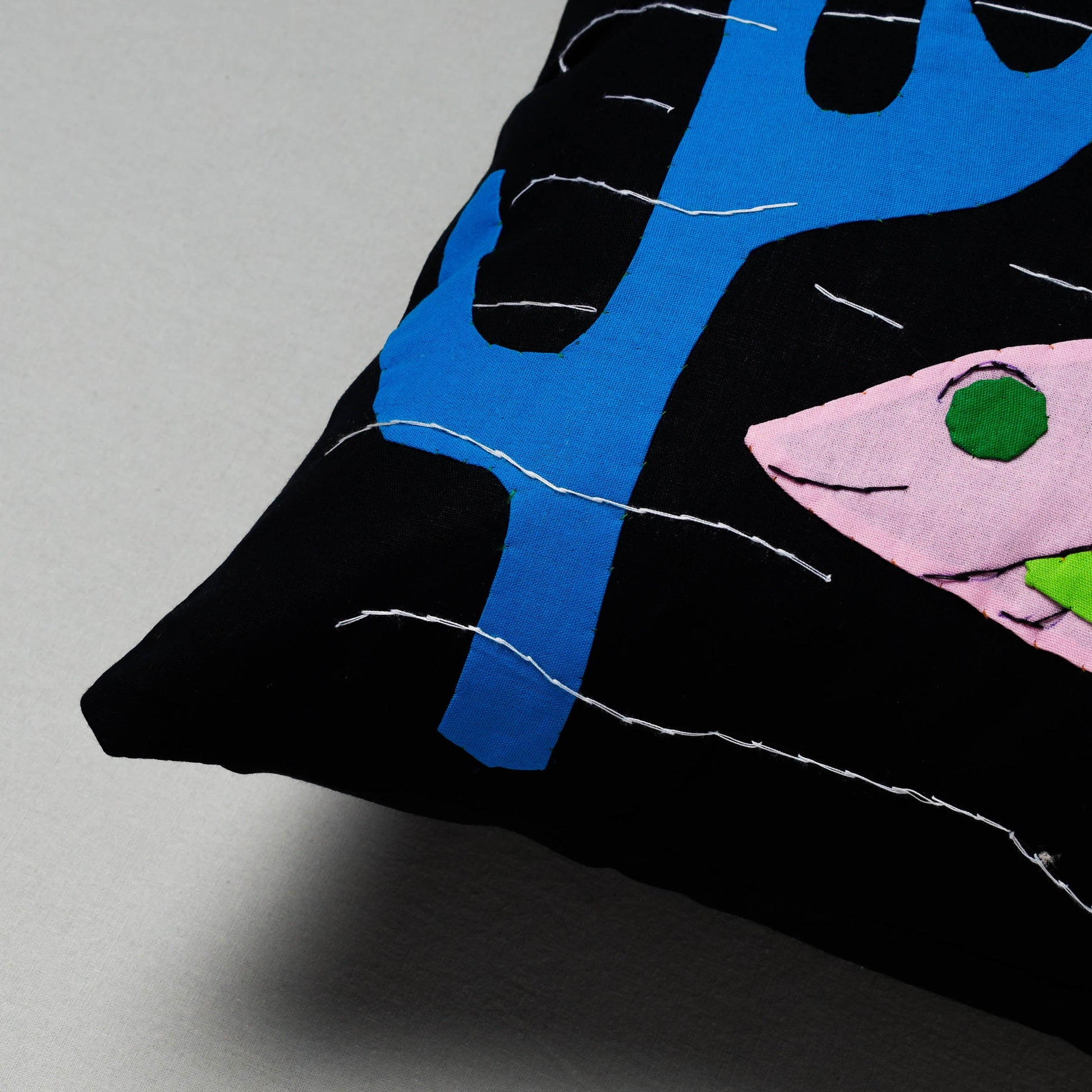 Black - Pipli Applique Work Cotton Cushion Cover (16 x 16 in)