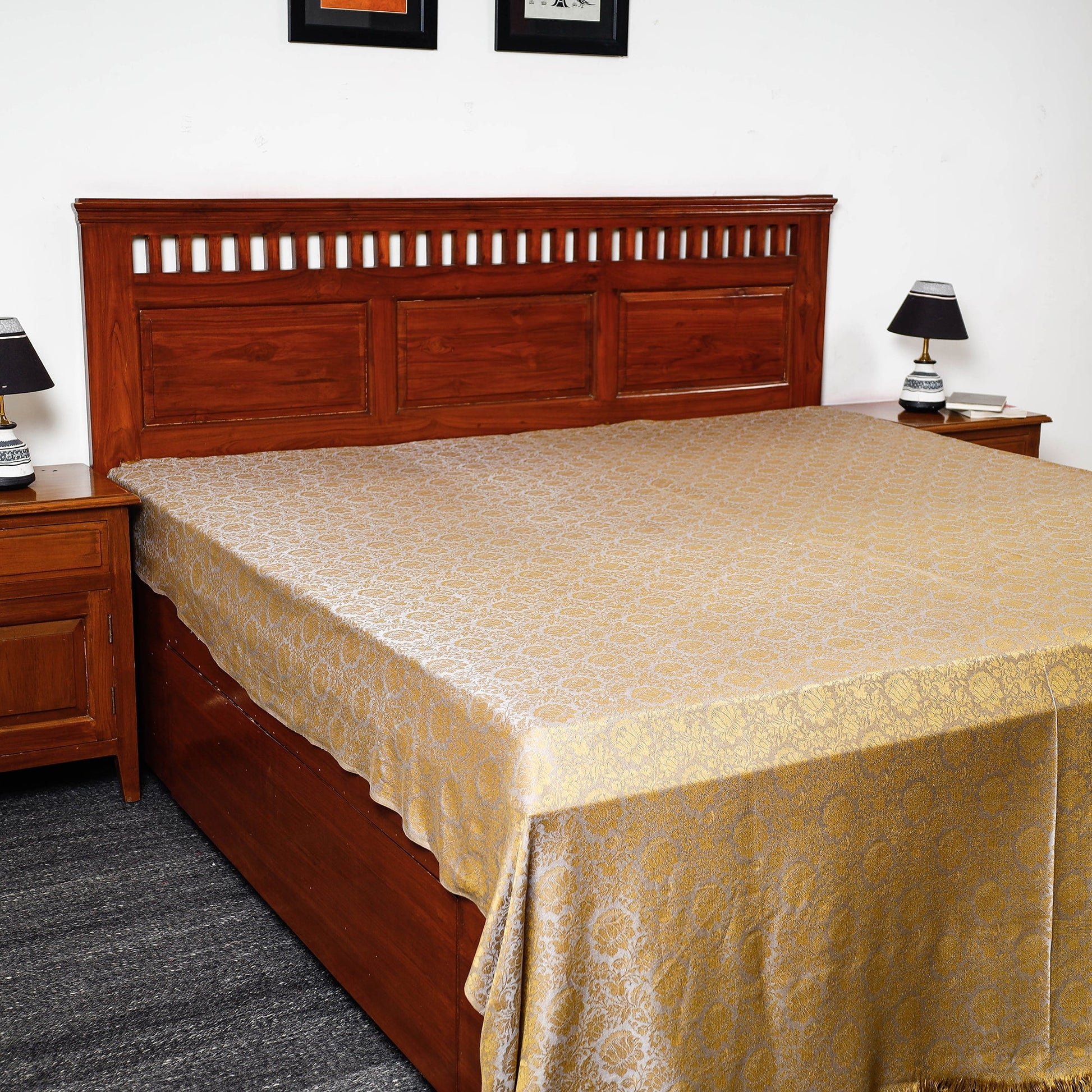 Beige - Himroo Handloom Jacquard Mercerized Cotton Double Bed Cover (98 x 88 in)