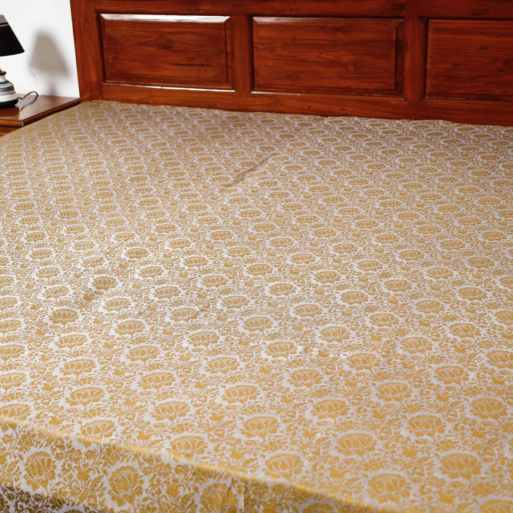 Beige - Himroo Handloom Jacquard Mercerized Cotton Double Bed Cover (98 x 88 in)