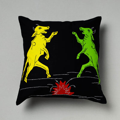 Black - Pipli Applique Work Cotton Cushion Cover (16 x 16 in)