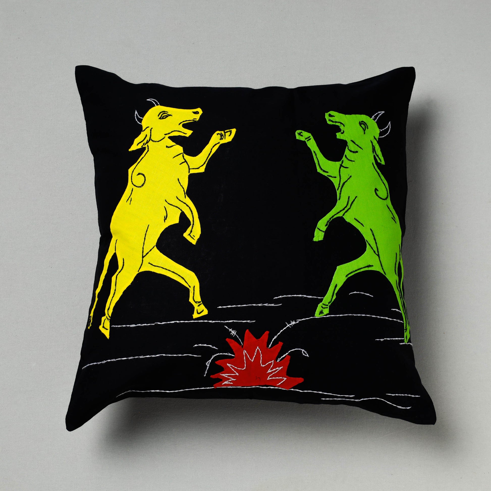 Black - Pipli Applique Work Cotton Cushion Cover (16 x 16 in)
