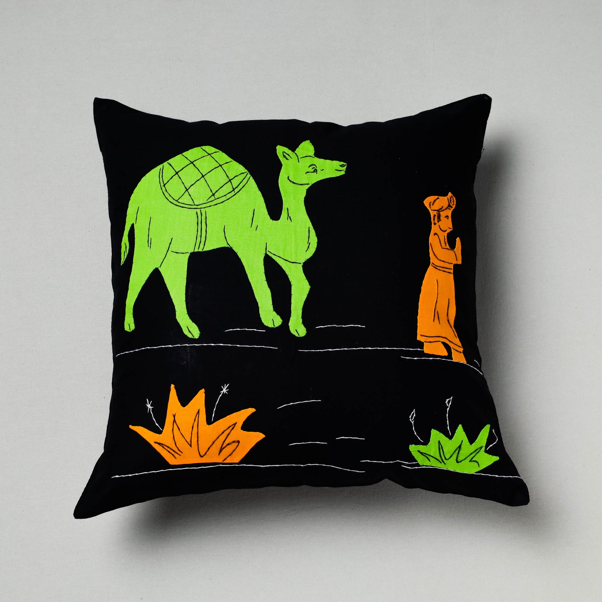 Black - Pipli Applique Work Cotton Cushion Cover (16 x 16 in)