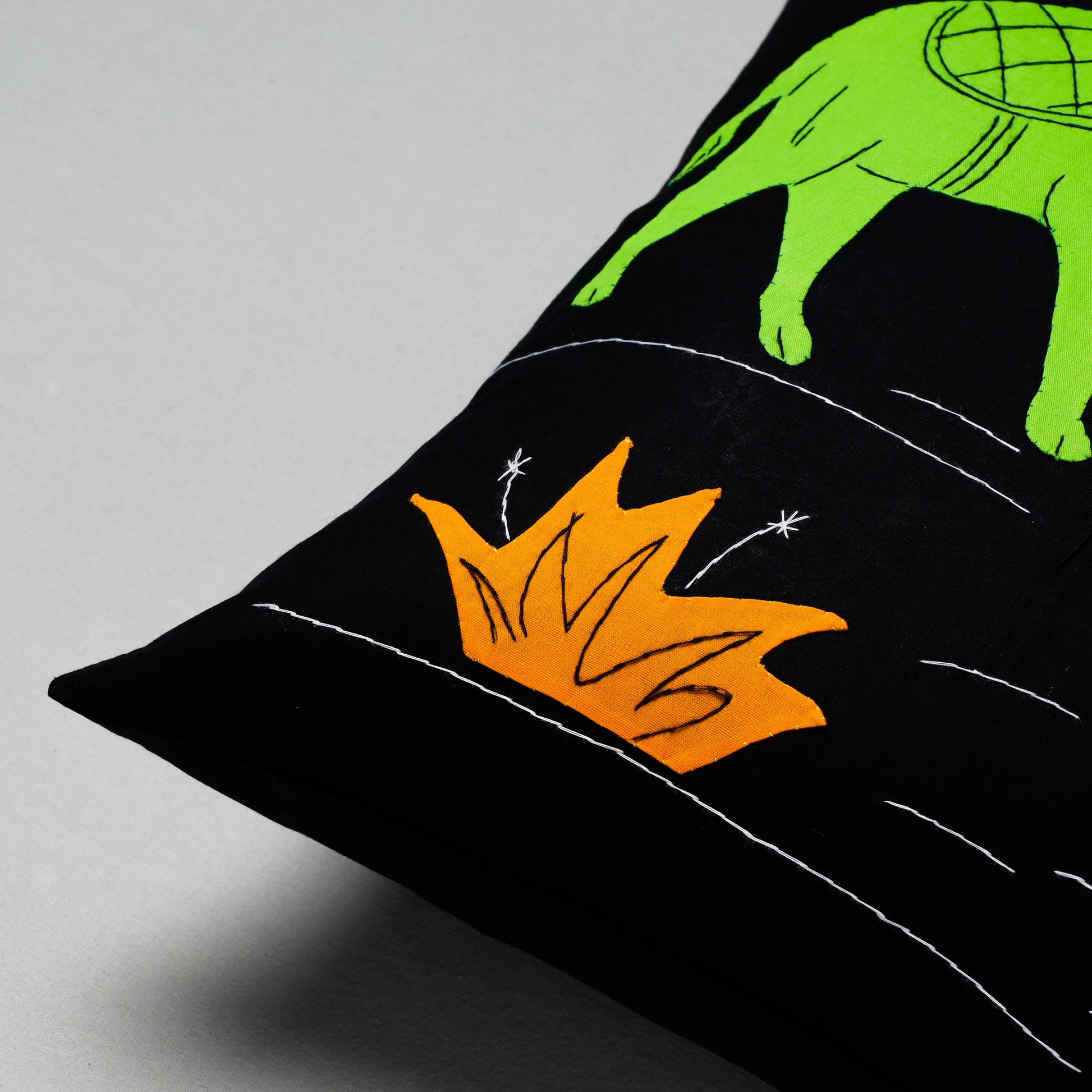 Black - Pipli Applique Work Cotton Cushion Cover (16 x 16 in)